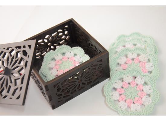 Crochet Coaster Set of 6 Pieces with High Quality wooden Box | Item No. 003